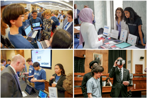 Students demonstrating their winning Congressional App Challenge apps to Members of Congress at #HouseOfCode.